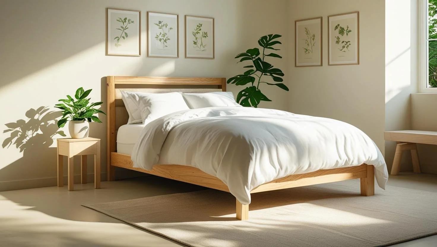 Minimalist biophilic bedroom with wood bed and greenery