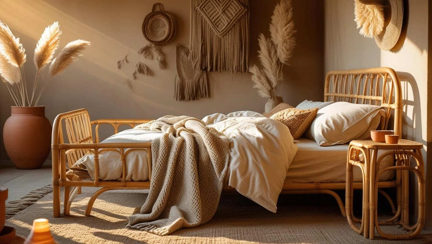 Biophilic bedroom with jute rug, clay accents, and linen bedding