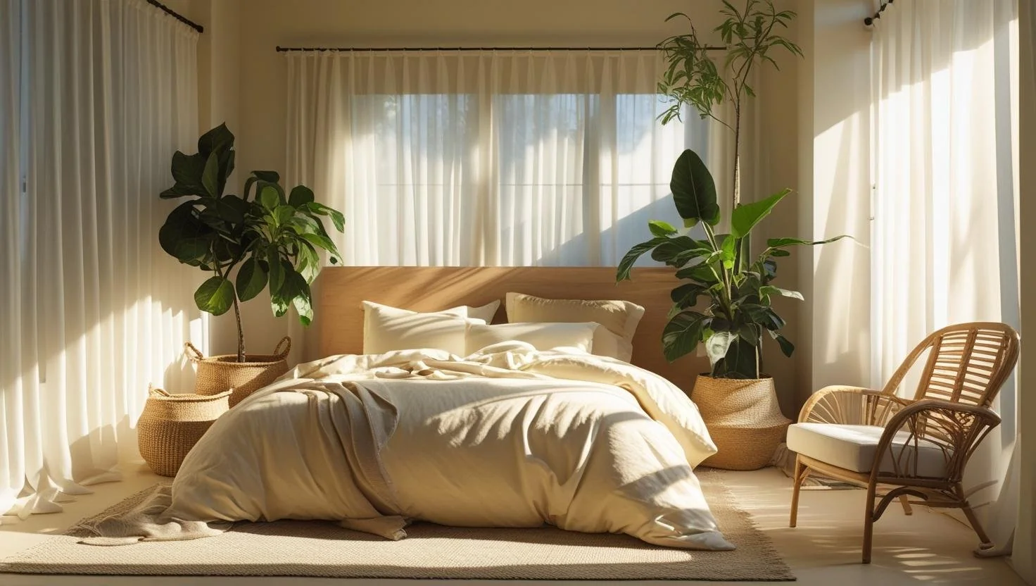 Biophilic bedroom design with hanging plants and warm textures