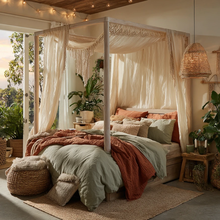 Boho Queen canopy bed with macramé accents and layered textiles
