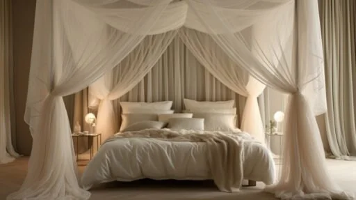 This image illustrates how Canopy Bed Styles use flowing curtains to create softness, privacy, and serene visual appeal in a full sentence.
