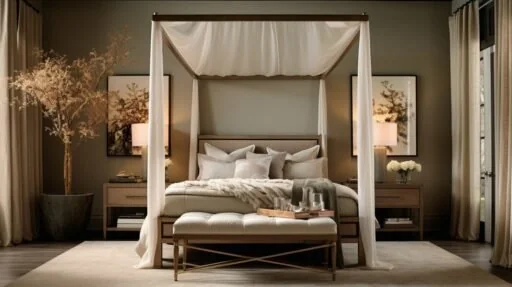 Choosing a four-poster canopy bed with sheer white drapes in a neutral bedroom