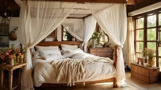 This photograph shows Canopy Bed Styles used in a rustic country home, proving how the design adapts to both traditional and contemporary interiors in a full sentence.