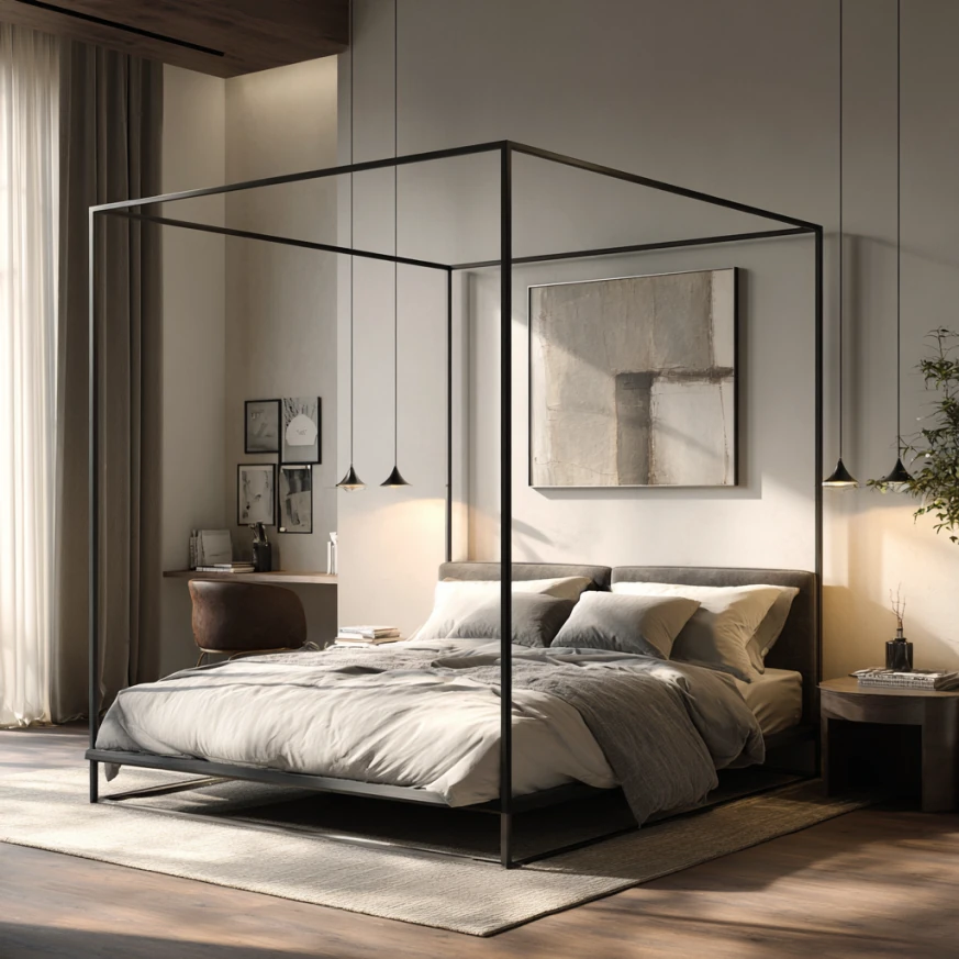 Comparison of canopy and four-poster beds featuring polished wood and metal designs