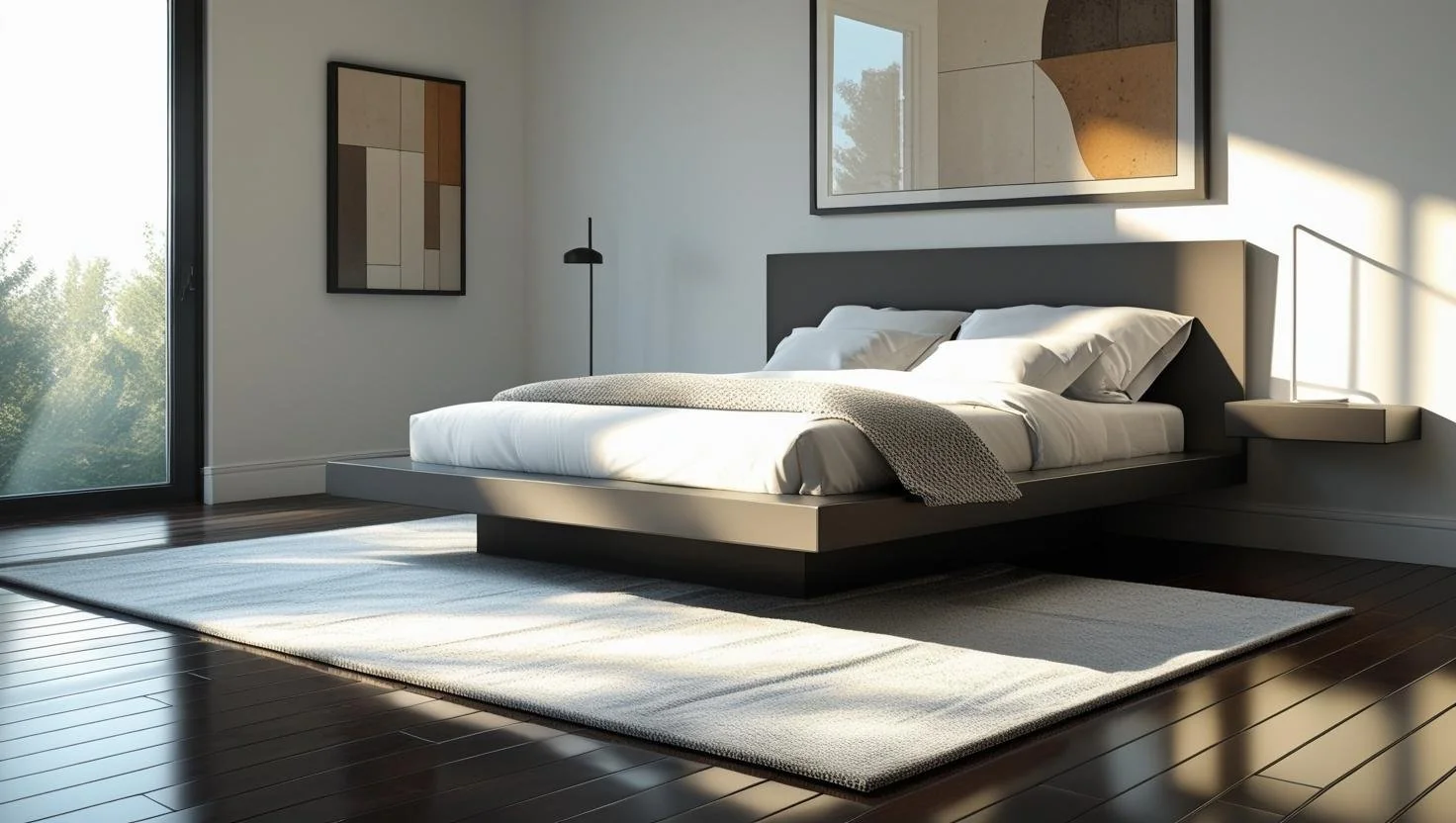 This climate-oriented bedroom comparison shows Carpet vs Hardwood side by side to demonstrate how each feels in warm and cool seasons for the Carpet vs Hardwood decision.