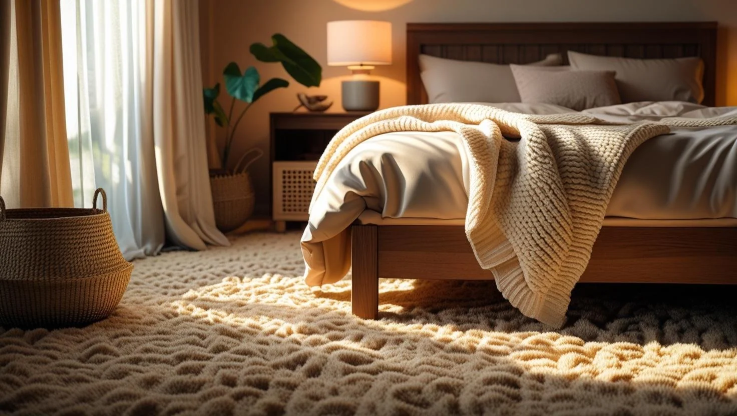 This maintenance-focused bedroom image demonstrates Carpet vs Hardwood by showing cleaning tools suitable for each surface so you can gauge upkeep needs in Carpet vs Hardwood.
