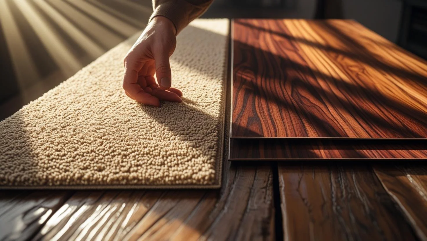 This styled scene contrasts Carpet vs Hardwood to show how pattern, color, and wood grain change the look and feel of a bedroom in the Carpet vs Hardwood choice.