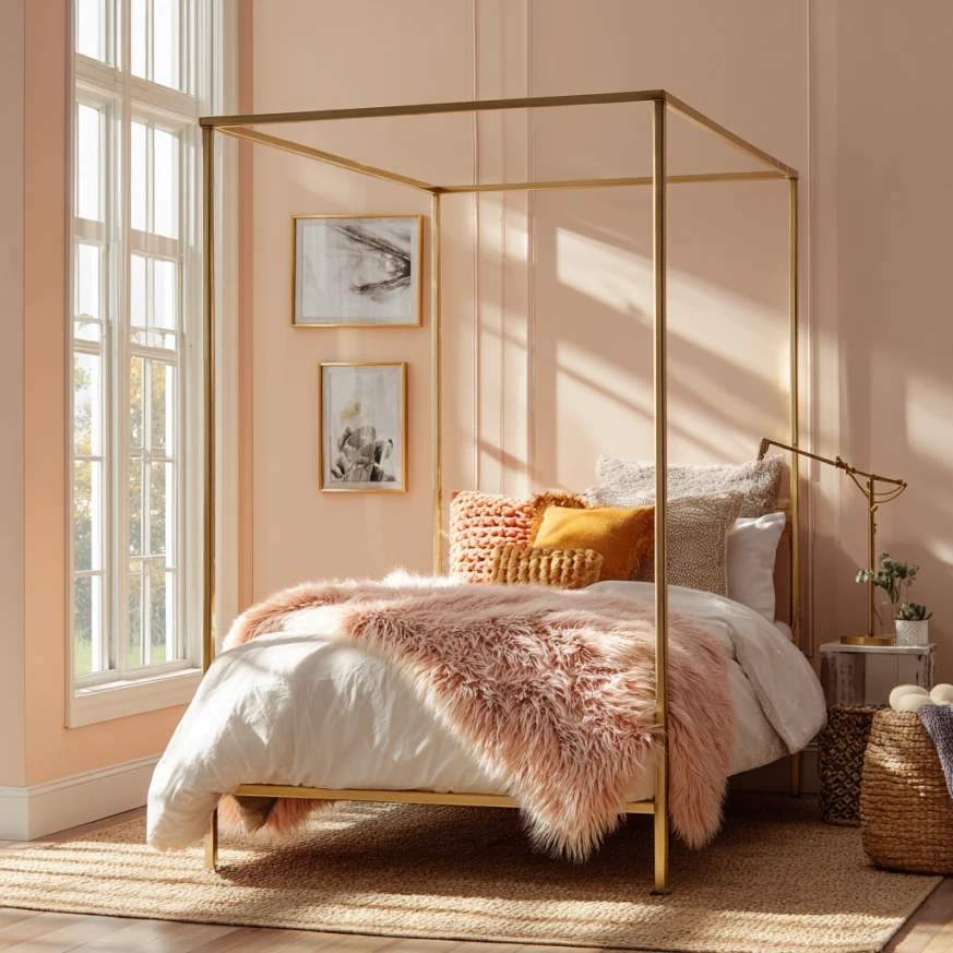 elegance of a gold canopy bed in a styled bedroom