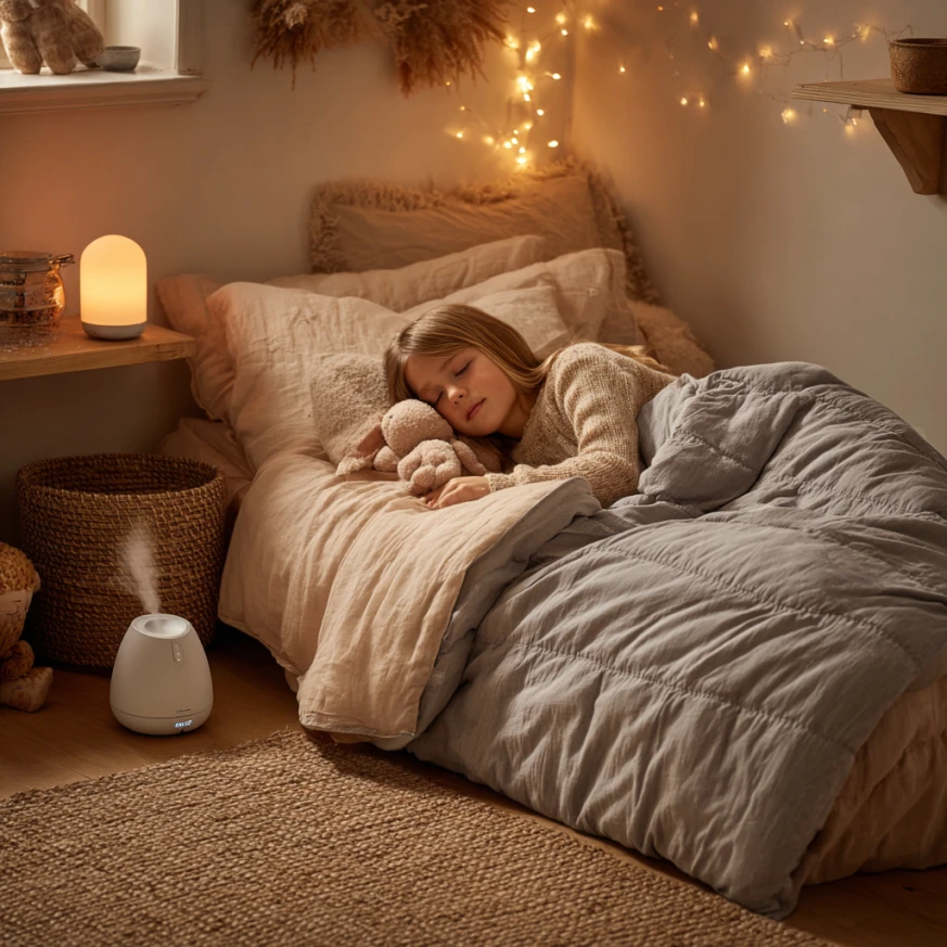 Child in weighted blanket with calming decor that supports bedding and health