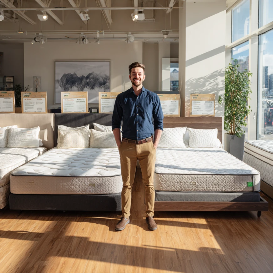 A size chart graphic compares Twin, Full, Queen, King, and California King to visualize Choosing the Right Mattress Size.