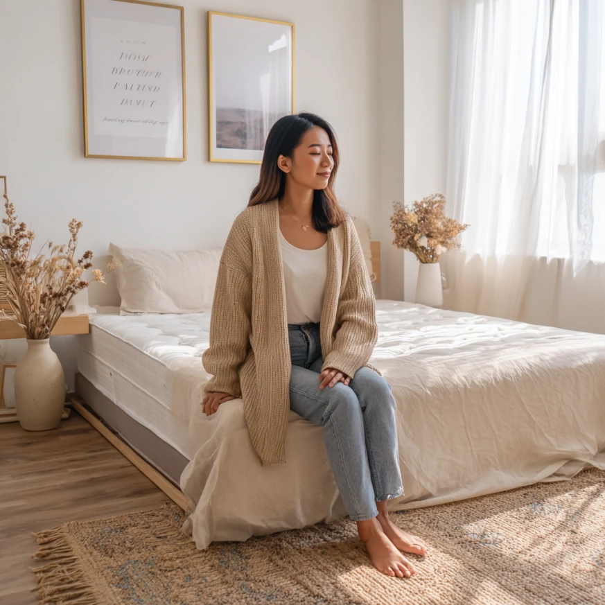 Tape outlines on the floor help a couple visualize Choosing the Right Mattress Size before ordering.