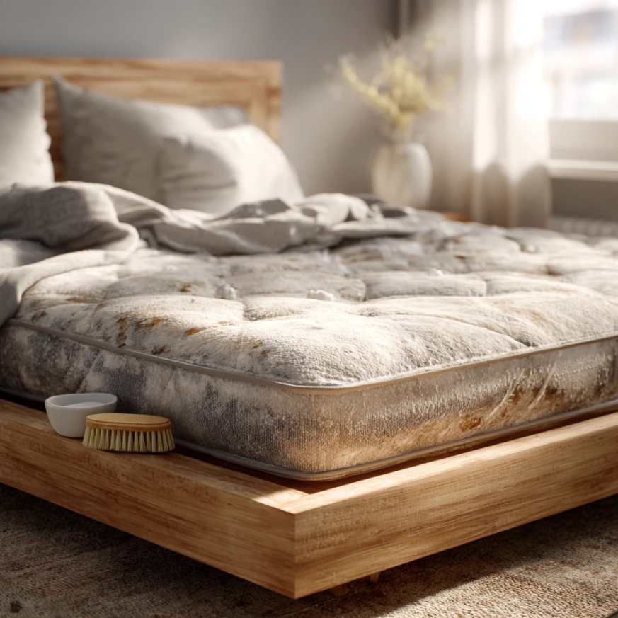 This photo demonstrates using enzyme cleaner after vinegar to clean pissy mattress when pet urine is involved.