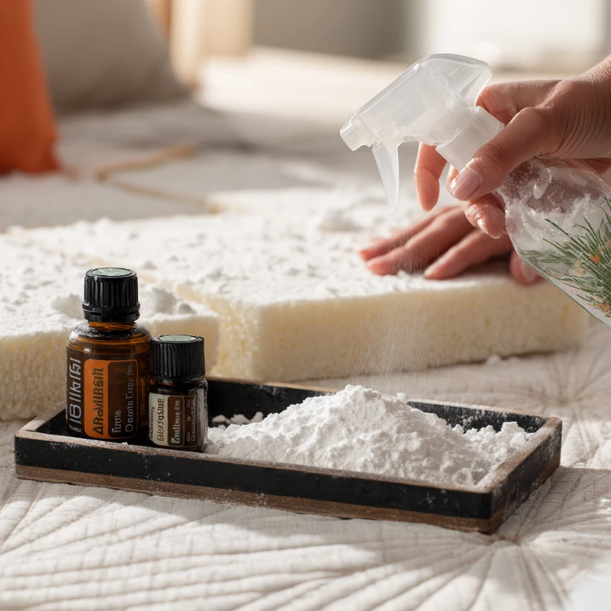 A photo illustrating the clean mattress baking soda method to freshen and deodorize a mattress in a simple, natural way.