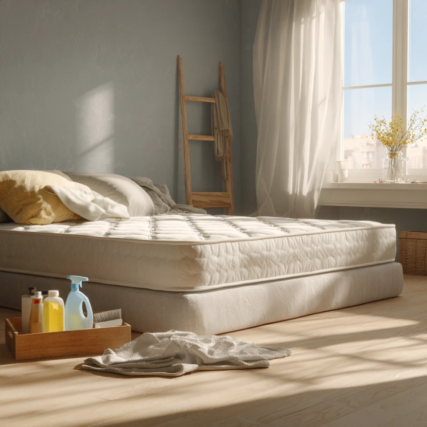 This photo shows supplies neatly arranged to clean pissy mattress using vinegar, baking soda, and towels.