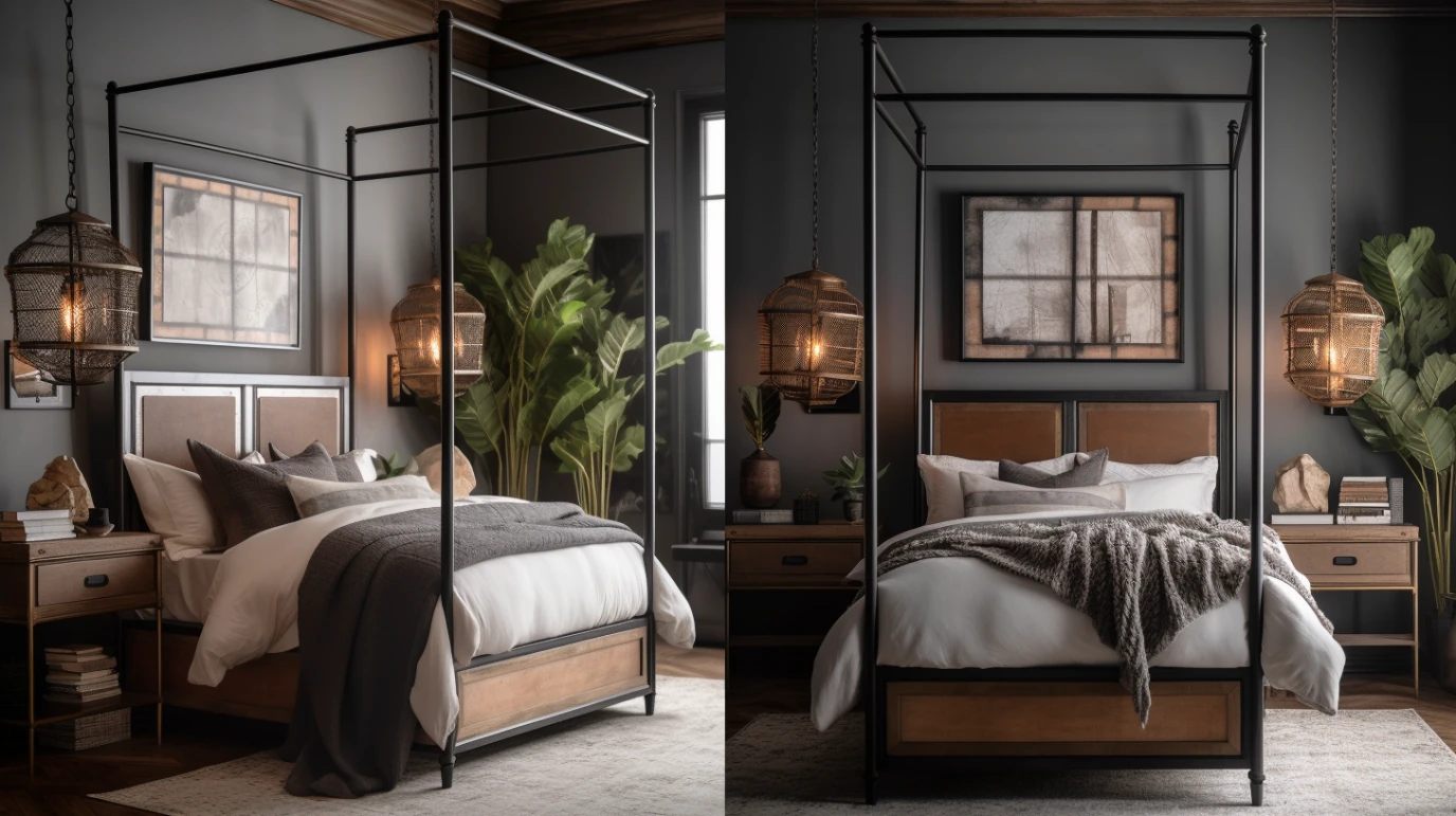 queen canopy bed collage style composition