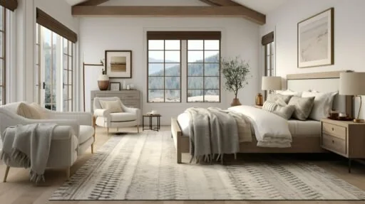 Combining multiple rugs in a bedroom with perfect rug size for queen bed layouts