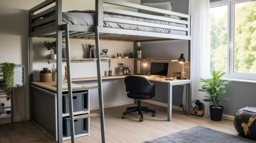 Compact layout using mattress for bunk beds in a small bedroom