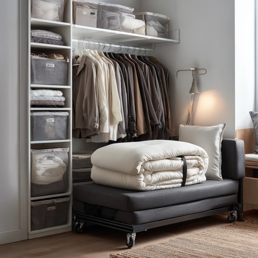 compact folding queen bed in storage mode