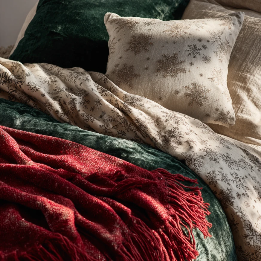 Holiday bedroom bedding ideas with flannel, velvet, and festive prints