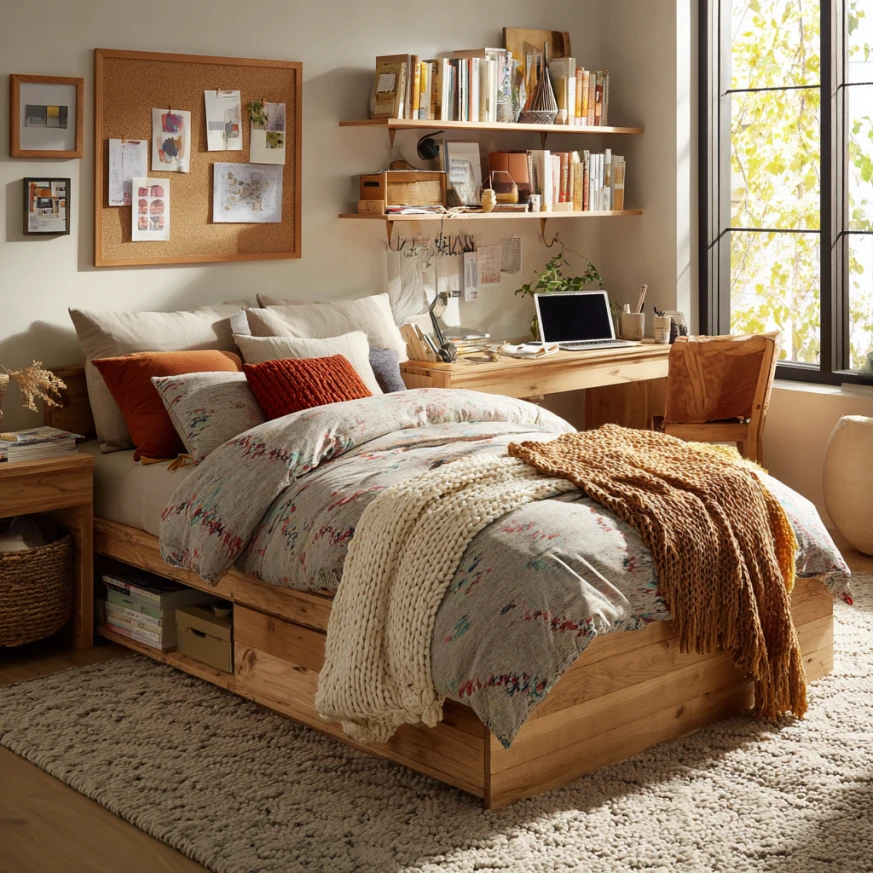 Cozy teenage bedroom showing full size bed fit in 10x10 room