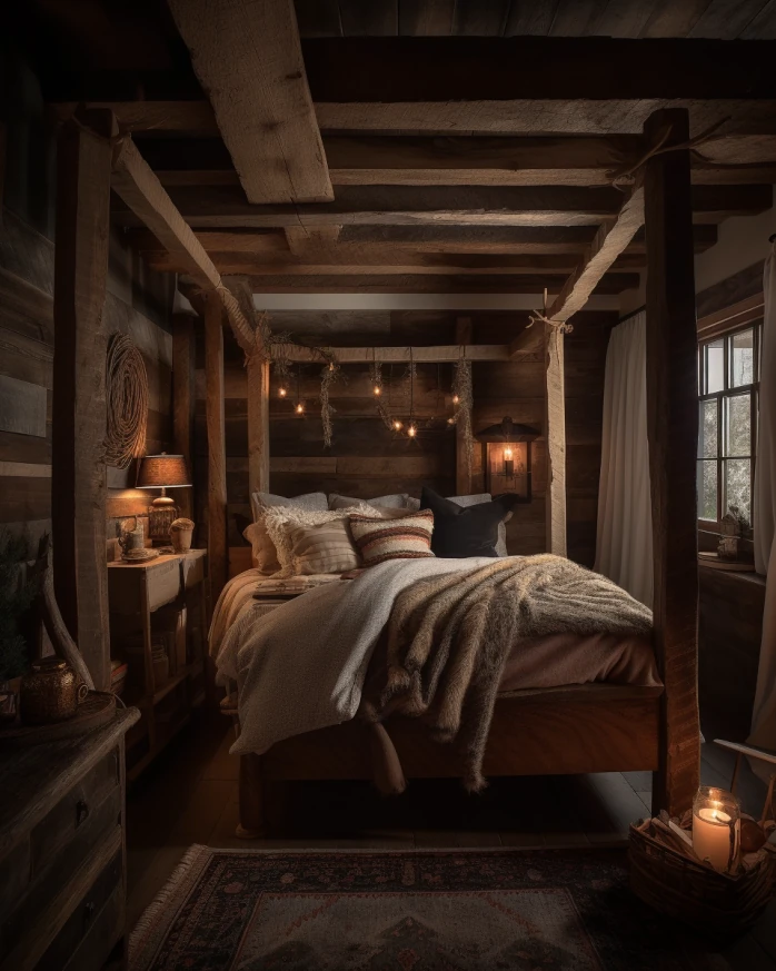 rustic queen canopy bed in cozy bedroom