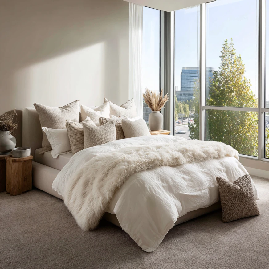 A variety of custom mattress layers, including memory foam, cooling gel, and hybrid coils, laid out to demonstrate the versatility of custom bed sizes and designs.