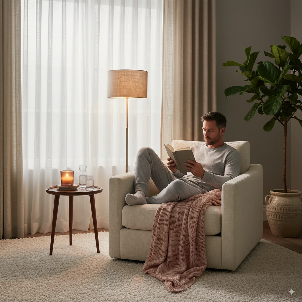 Dreamy Bedroom Serene Escape - “Cozy bedroom reading nook with a man featuring dreamy bedroom ideas