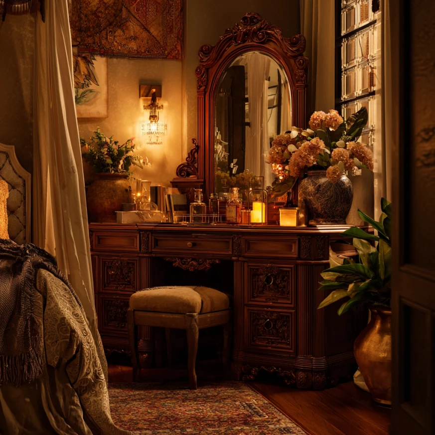 classic wooden dressing vanity table designs with ivory nightstand