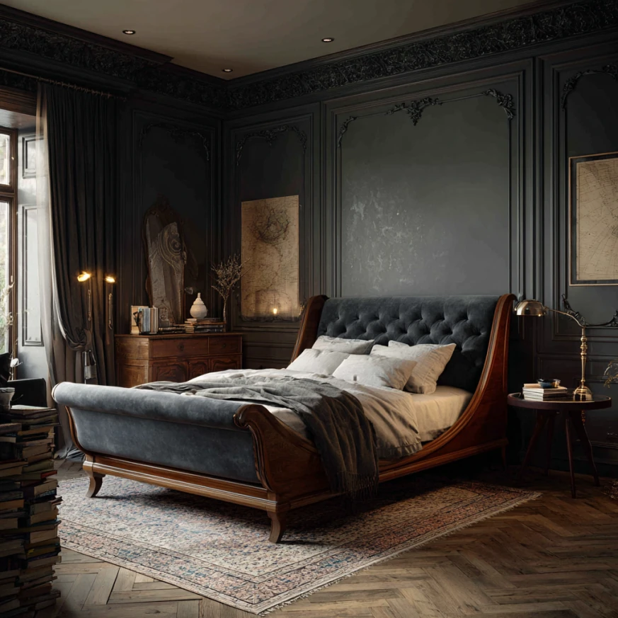 Dulane upholstered sleigh bed with curved velvet headboard and footboard in a classic bedroom