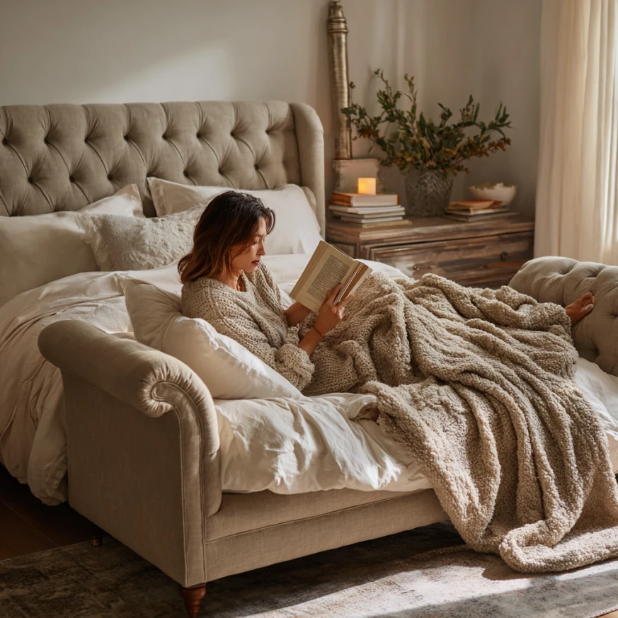 Person reading on a Dulane upholstered sleigh bed with tufted linen upholstery