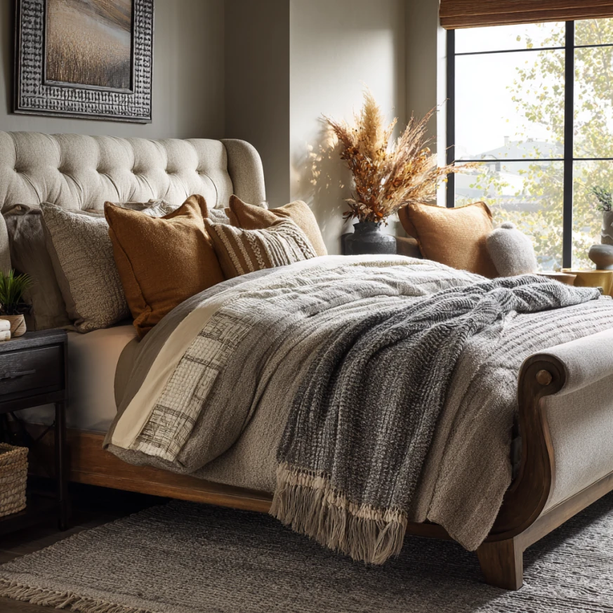 Bedding styled on Dulane upholstered sleigh bed