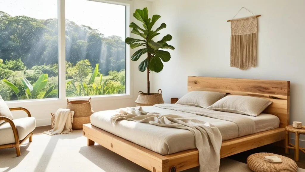 Best eco friendly bed frame made of reclaimed wood in a sunlit, sustainable bedroom