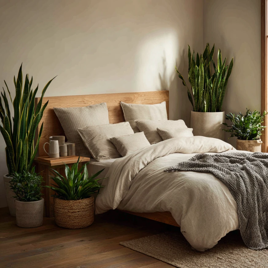 Natural latex mattress with reclaimed wood bed frame and cozy organic blankets