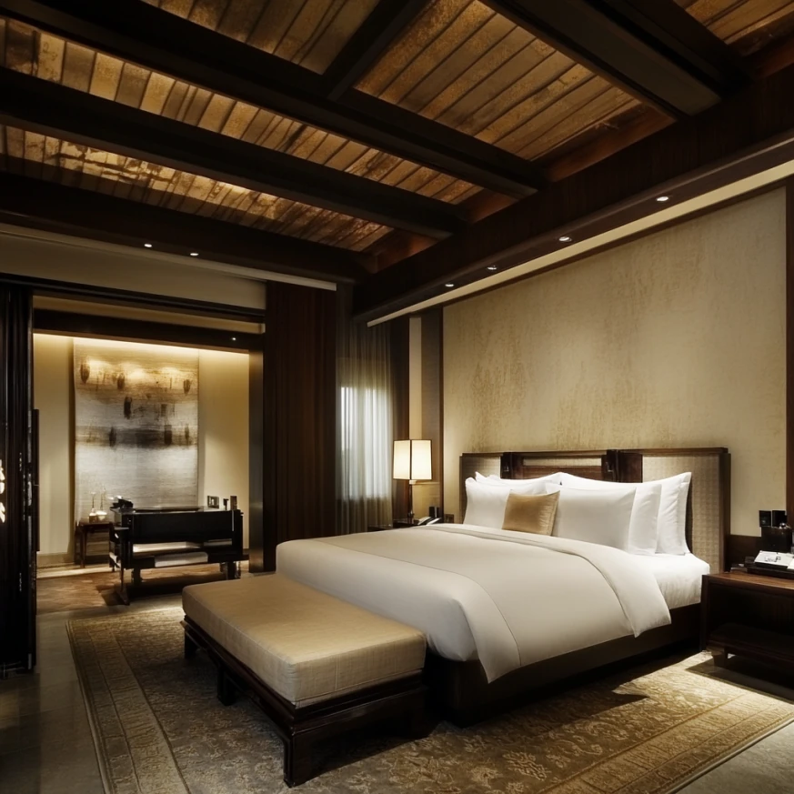 Modern luxury bedroom style with clean lines and neutral tones.