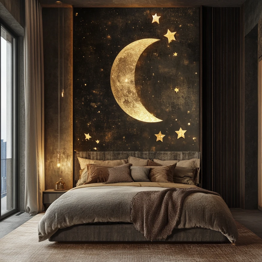 A cozy five-star bedroom setup with plush textures and soft lighting.