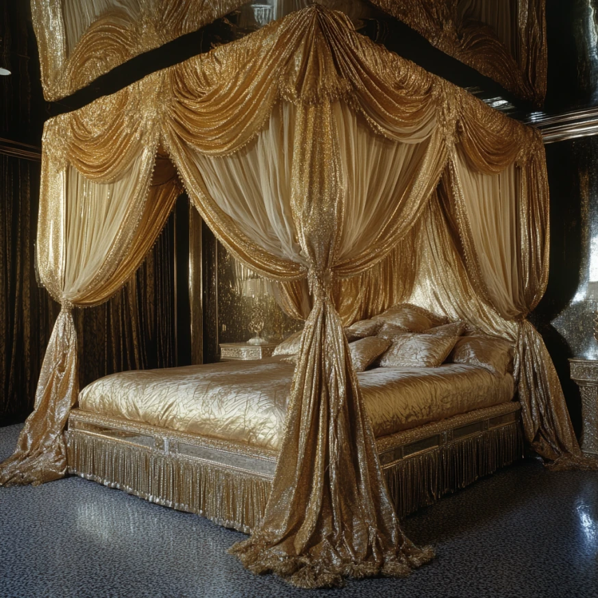 An opulent five-star bedroom with gold-themed decor and luxurious bedding.