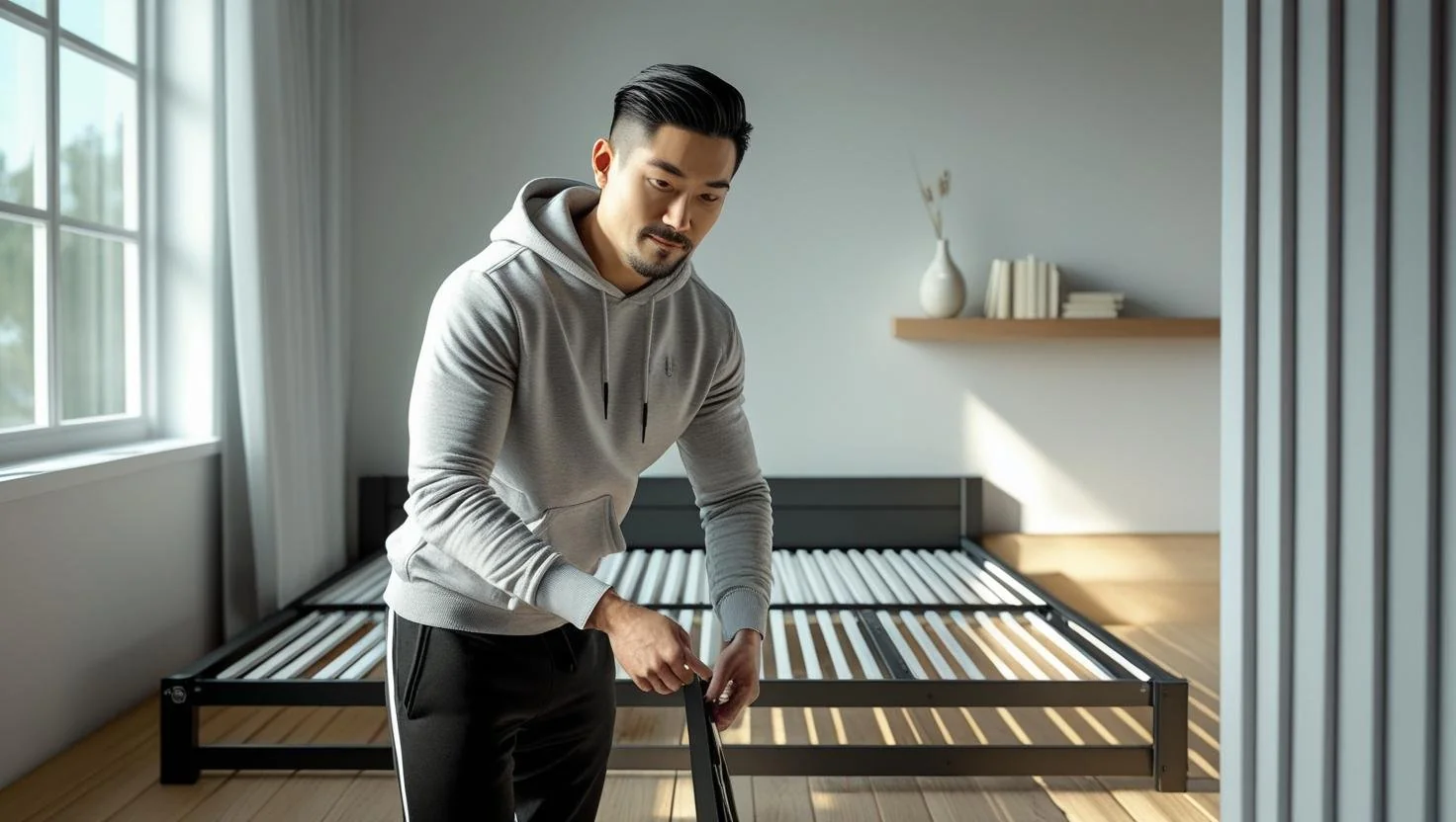 Foldable twin bed frame with storage space underneath for small rooms