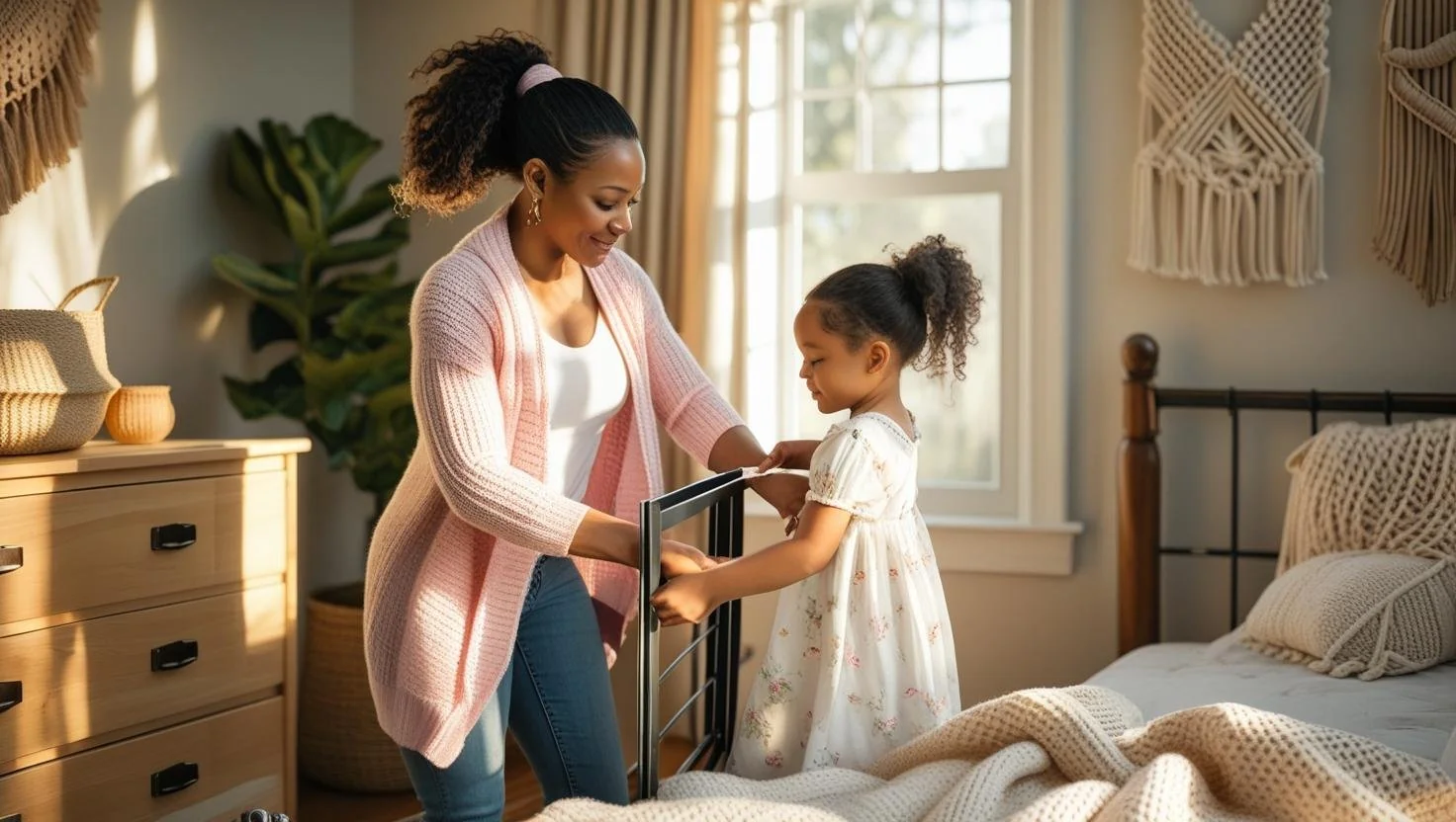 Rustic wood foldable twin bed frame design in a compact room