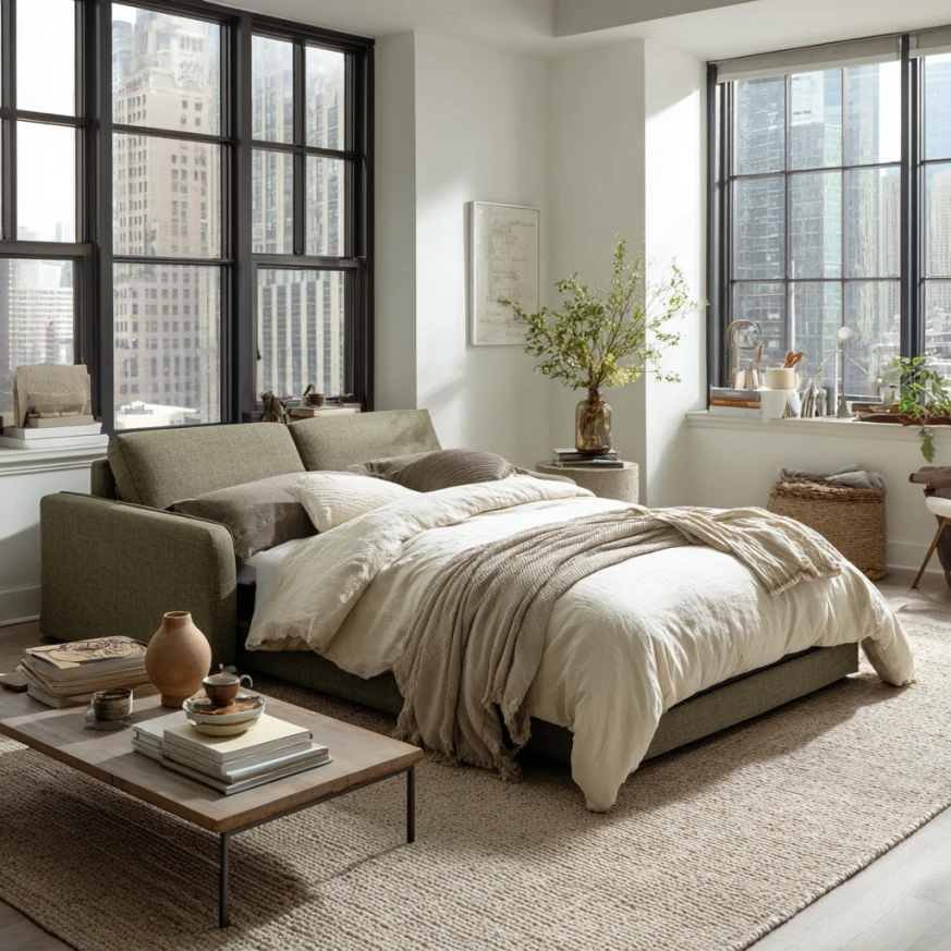 folding queen sofa bed in studio apartment