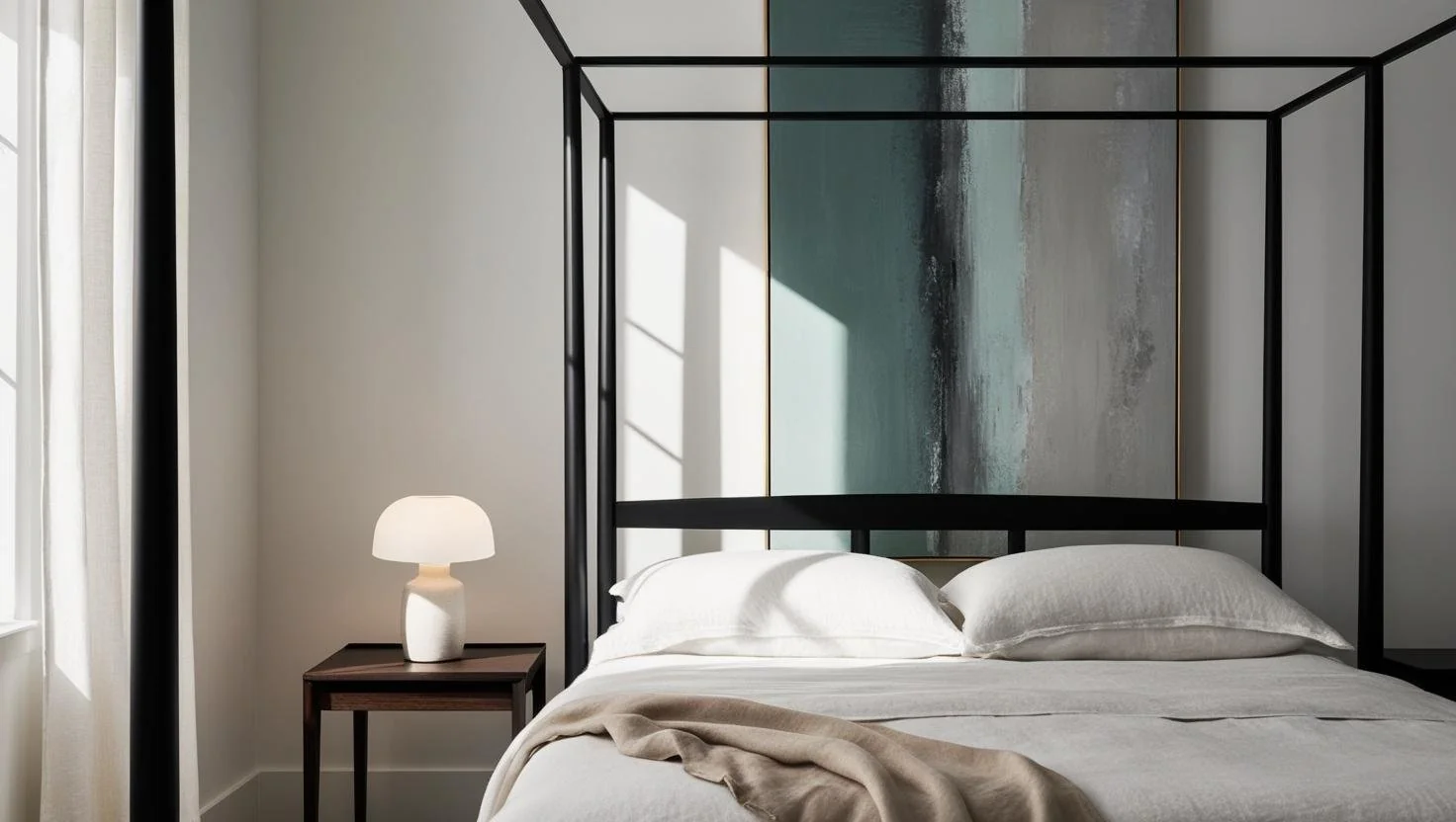 Modern four-poster bed with clean lines and minimalist structure