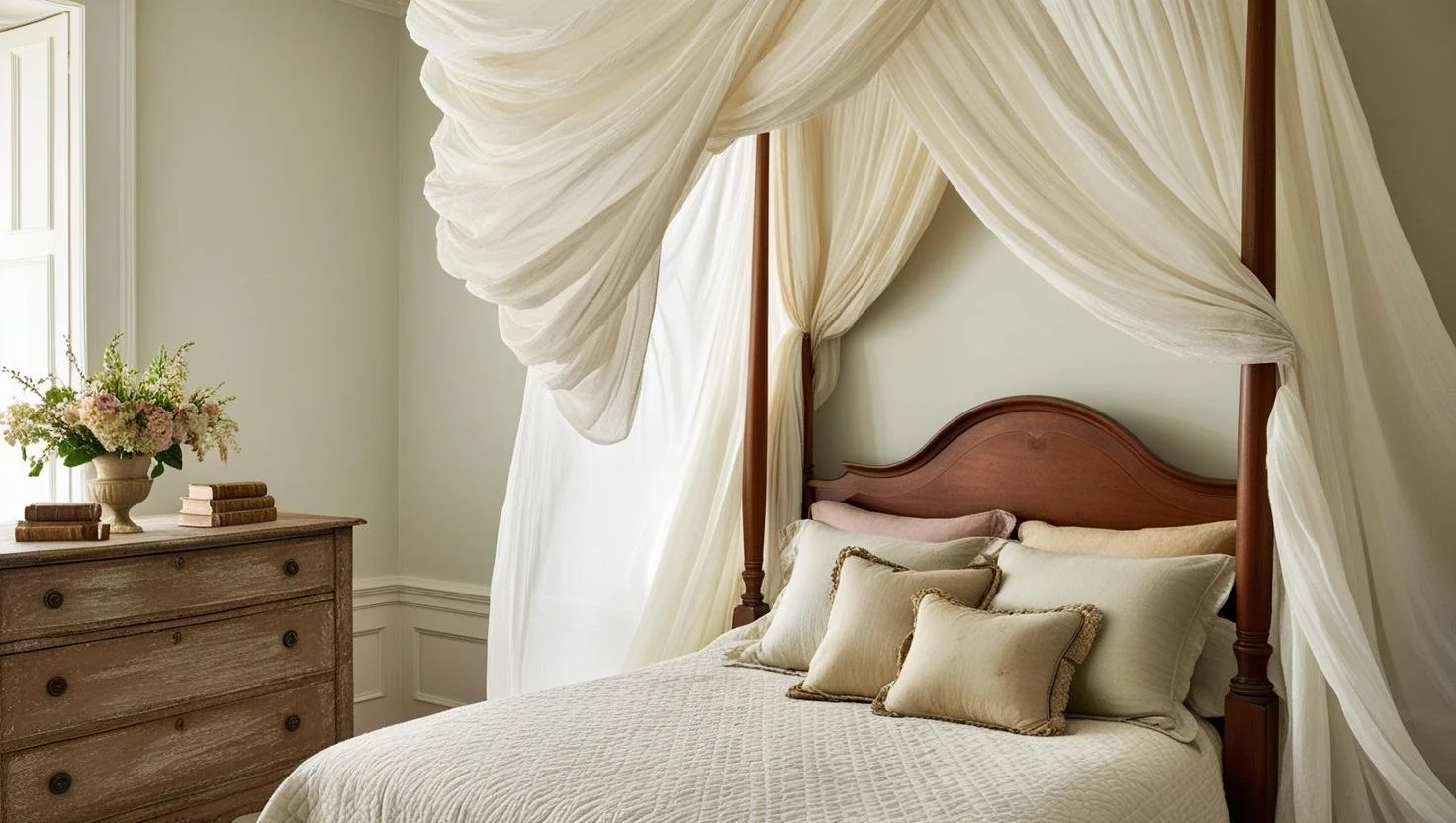 Romantic four-poster bed styled with flowing white curtains and cozy lighting