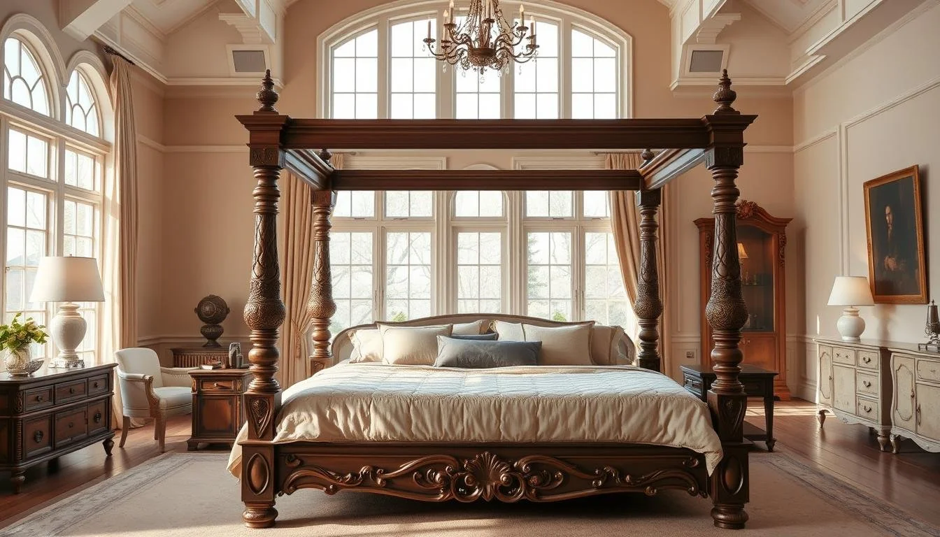 A four poster bed with classic carved wood frame creates a cozy focal point in the bedroom.