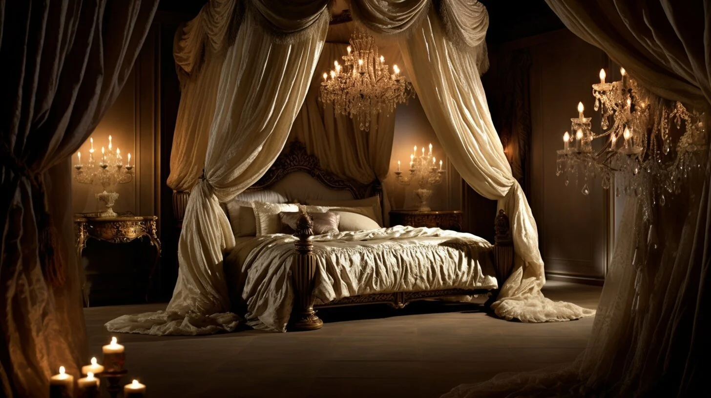 Soft linens and layered textures on a four poster bed create a welcoming retreat.