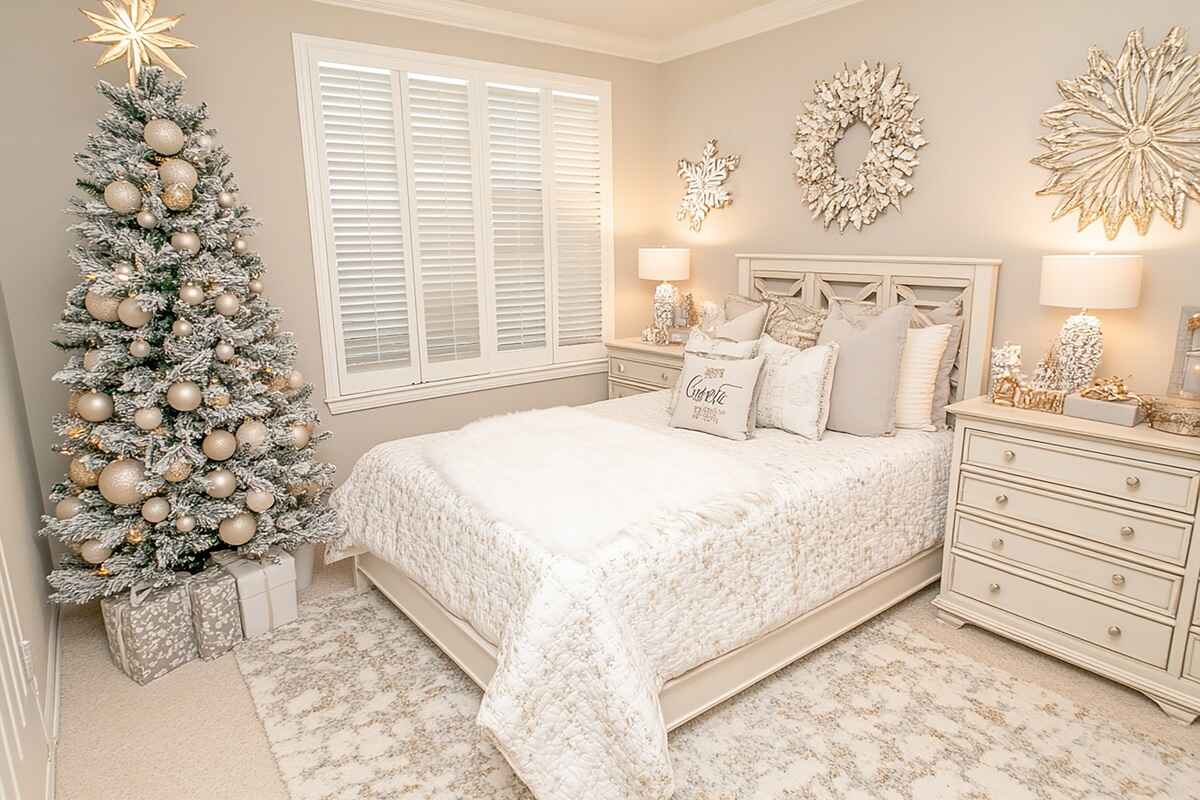 Elegant white and silver snowflake Christmas bedding ideas for a peace featuring christmas bedding holiday room