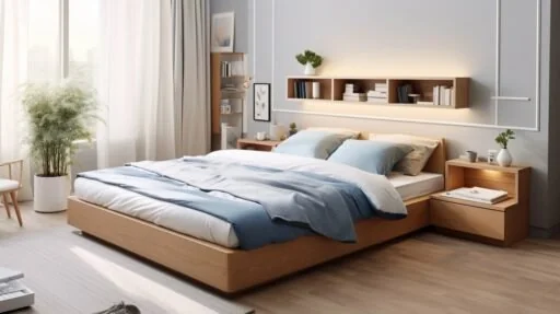 Wooden platform king size bed frames with storage drawers, headboard shelving and bedside cabinets