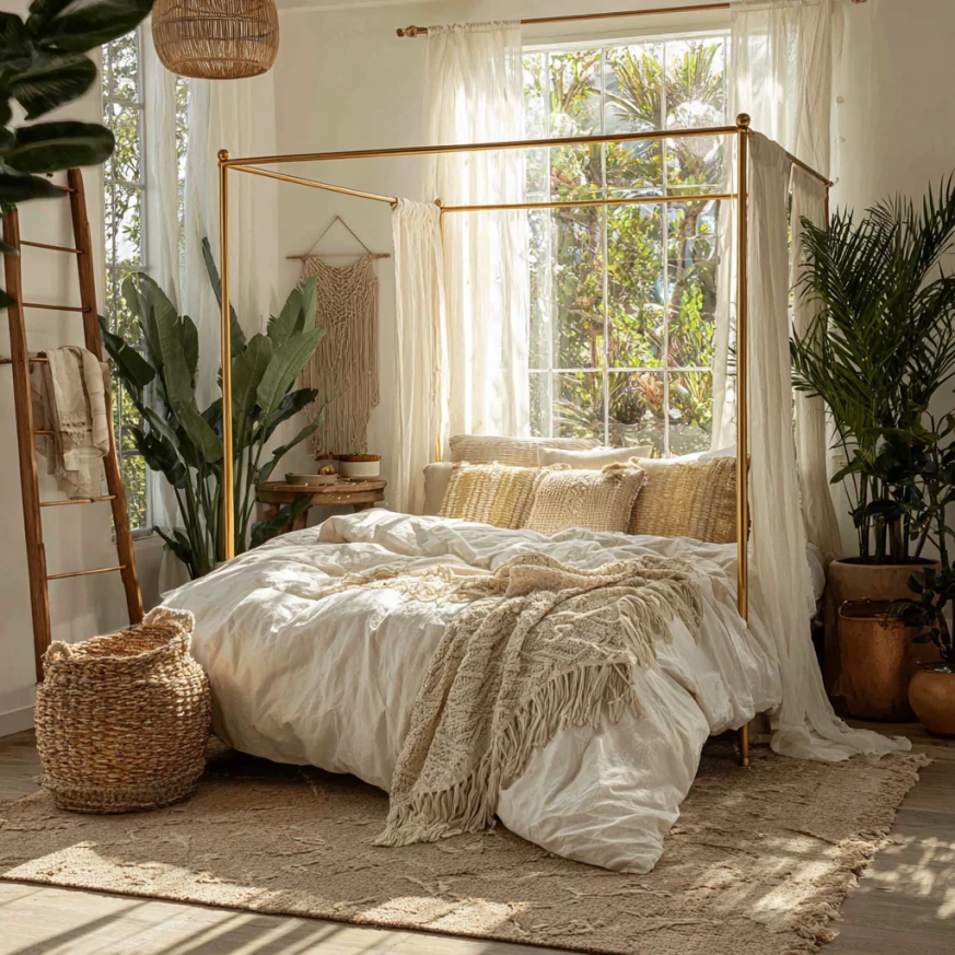Gold canopy bed the ultimate blend of romance in boho chic interior