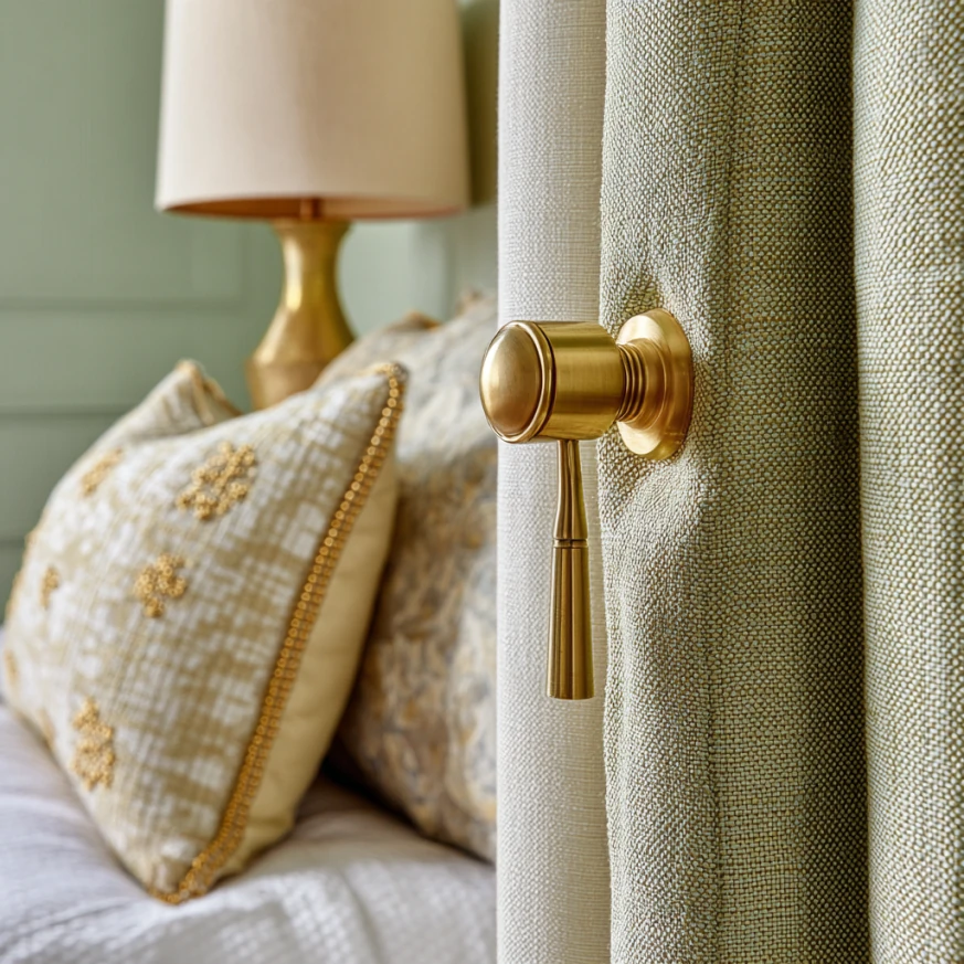 Gold hardware and textiles in compact light green bedroom