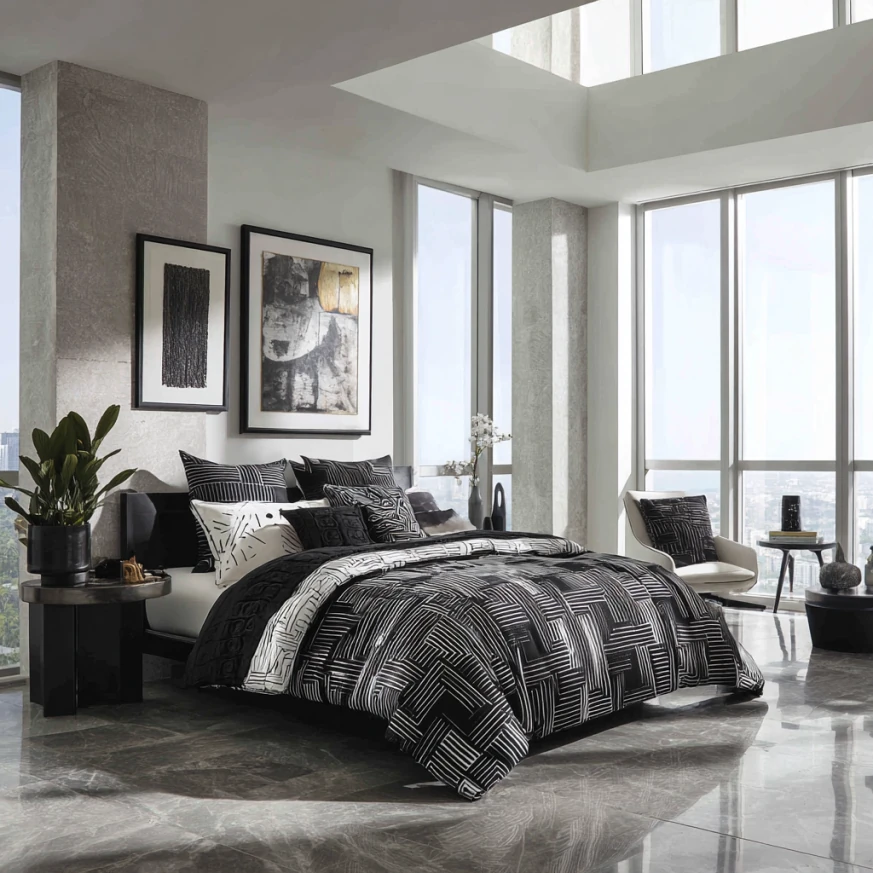 High-contrast monochrome bedding with tailored details