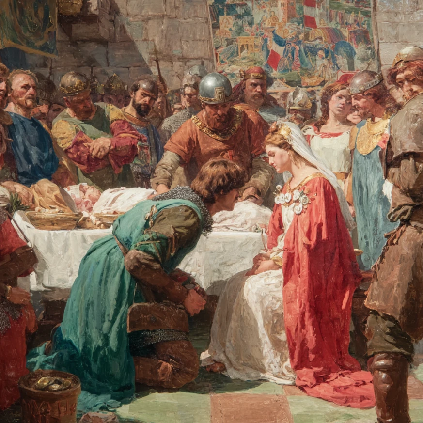 Historical painting illustrating nuptial bedding ceremony traditions in Europe