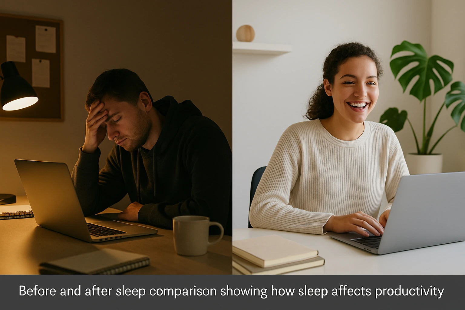 How sleep affects productivity and focus by showing tired and energized workers